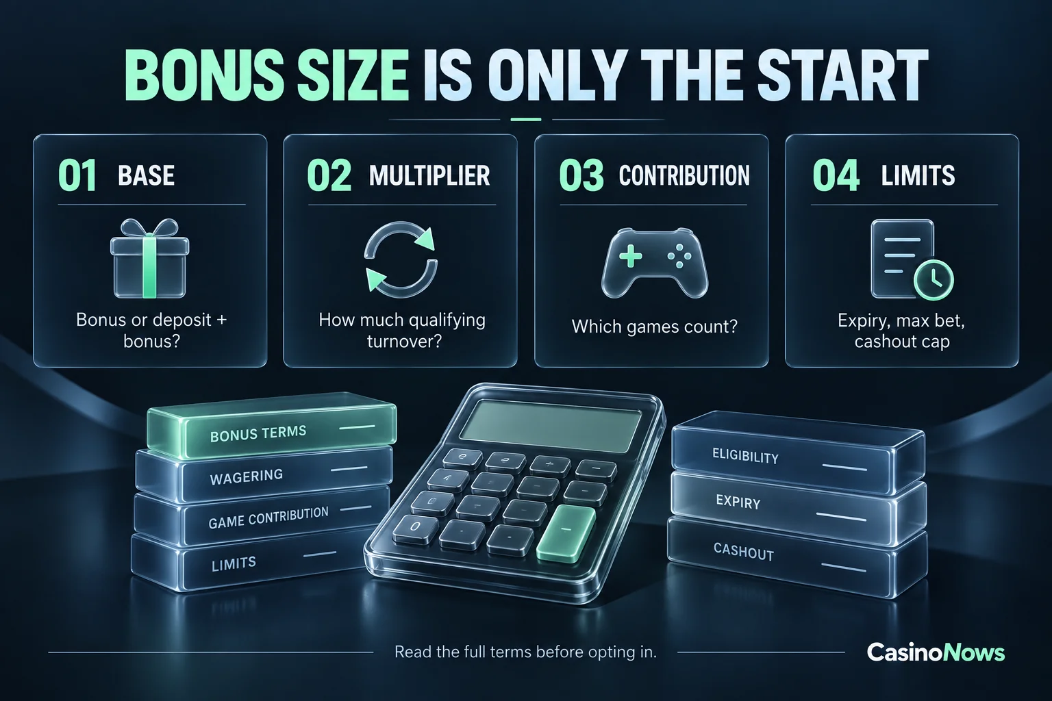 Four bonus checks: wagering base, multiplier, game contribution and limits