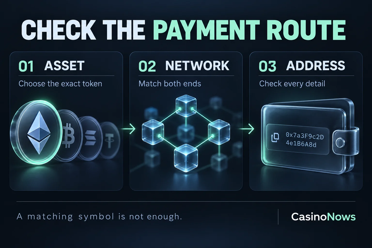 Check the payment route: asset, network and address must all match